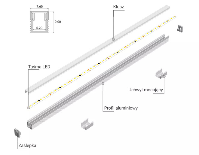 Klosz do profilu aluminiowego  LED NANO 1 / 7,6 x 2000mm